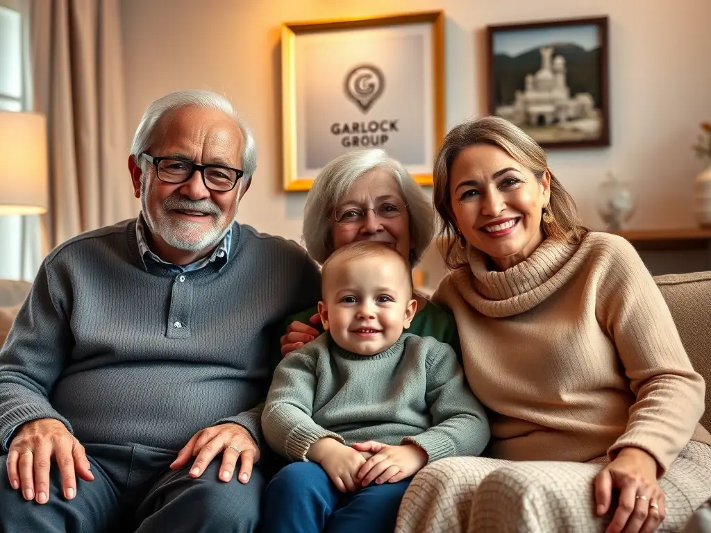 A family happily gathered, representing multi-generational wealth transfer and legacy planning, with a subtle Garlock Group logo in the background.