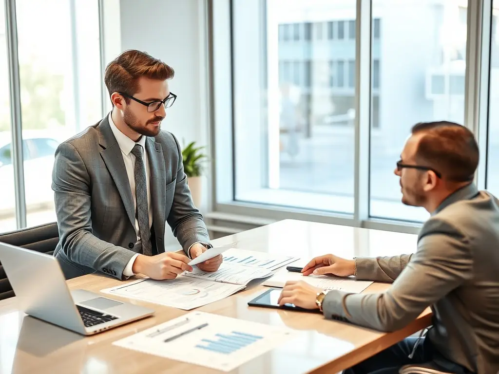 A sophisticated, modern office interior with a financial advisor meeting with a client, discussing investment strategies and benefits of the Garlock Group Rewards Program, emphasizing the exclusive access.